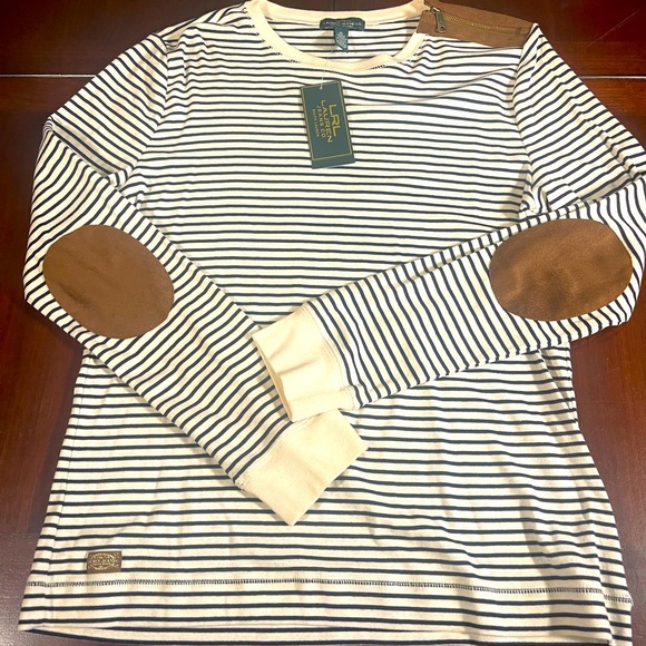 Ralph Lauren Tops - Ralph Lauren Lauren Jeans Co Striped Zip Shoulder Elbow Patches Size XL